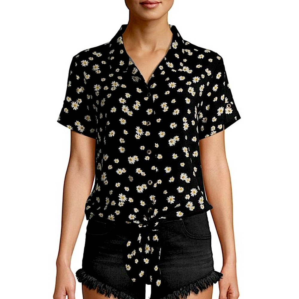 NO BOUNDARIES | Front Tie Daisy Black Short Sleeve Shirt XXXL